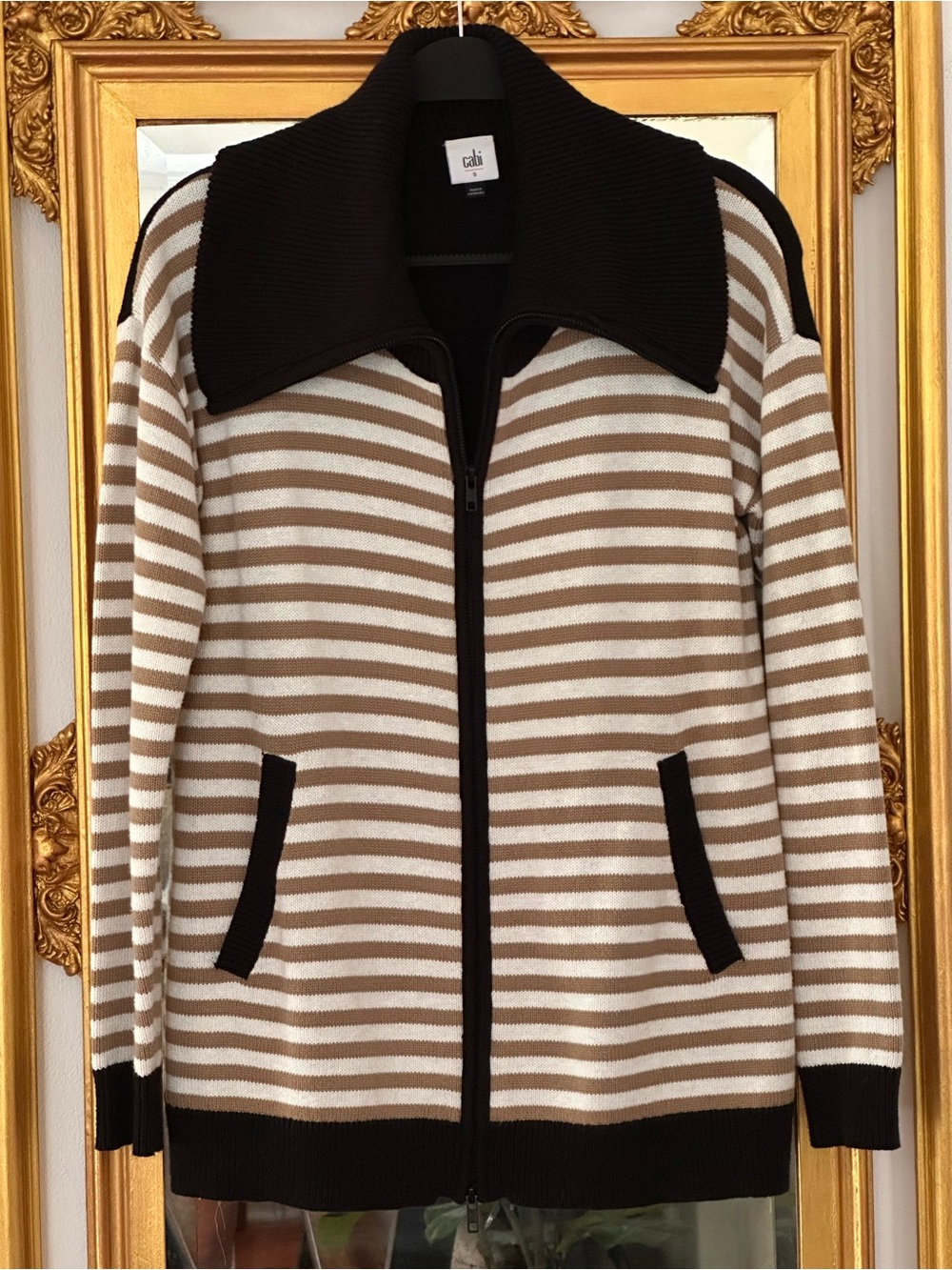 CAbi Mascot Cardigan in Black, Tan & White/S
